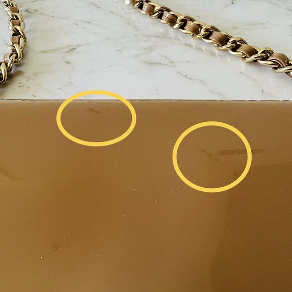 TORY BURCH Tan Patent Leather Gold Braided Chain Strap Clutch Shoulder Bag - Picture 8 of 11